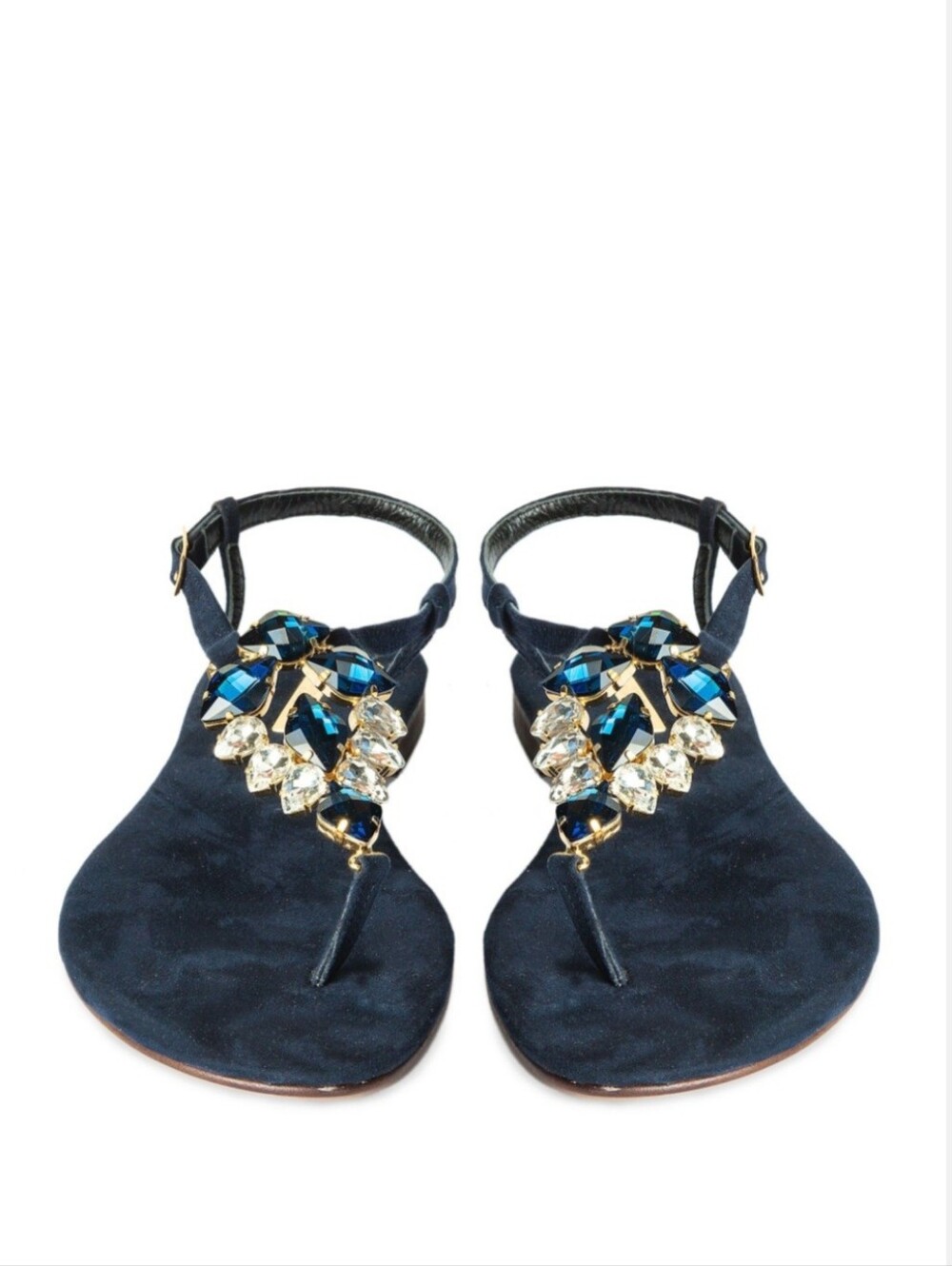 Emanuela Caruso Capri Thong Sandals 7 Deep Blue Suede Swarovski Handmade Italy